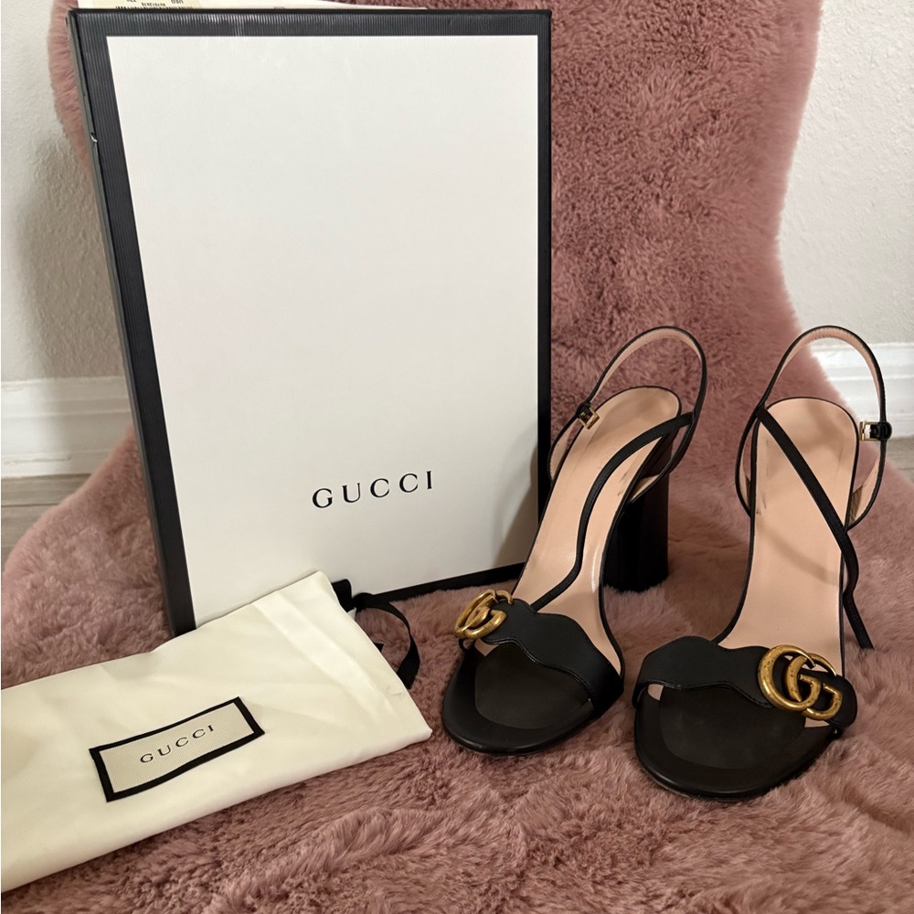 Prada Black Leather Slingback Heels with Gold Accent